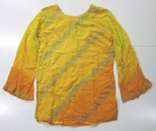 Vintage Handmade Yellow Gold Beaded Ethnic Rayon Tunic Kurta Blouse Women S-M