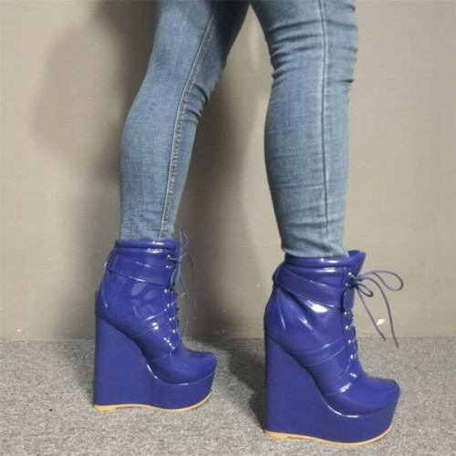 Sexy Women Lace Up Ankle Boots High Wedge Heels Platform Patent Leather Clubwear - Picture 6 of 14