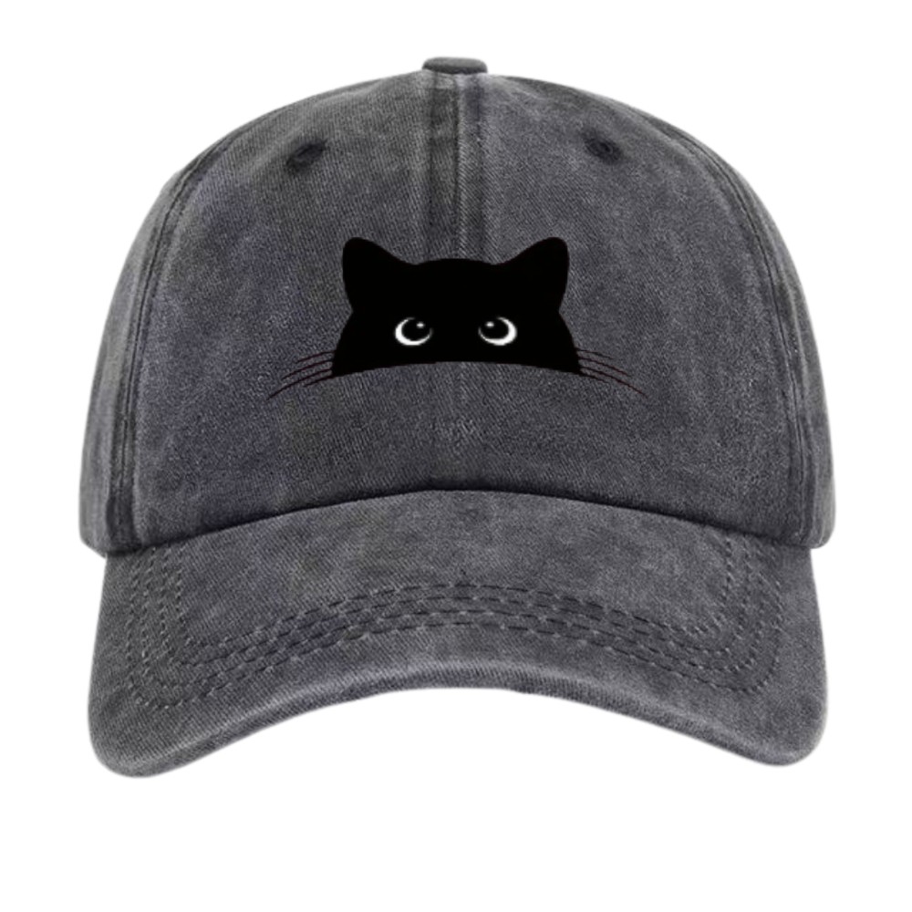 Peeking Black Cat Washed Dad Hat, Cute Cat Lover Baseball Cap