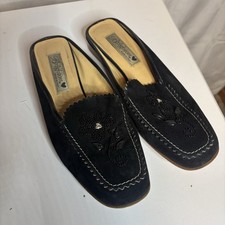 Vintage Brighton Mules Loafers Made In Italy Black Leather Beaded Size 8.5