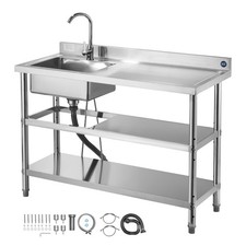Uimoso Stainless Steel Utility Sink with Bowl and Dual Shelves, 47.2x19.7x37 in