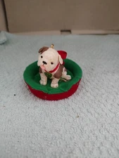 Adorable 2007 Hallmark Bulldog Puppy in a Green and Red Bed
