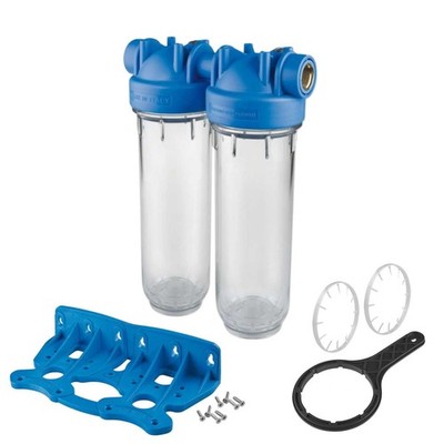 2 Stufen 10'' Inline Wasserfilter Gehäuse 1'' Anschlüsse mit Wandhalterung und Schlüssel