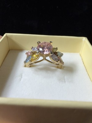 Vintage Multi Color Rhinestone Flower Ring Pink Blue Yellow Gold Tone Size 7.5