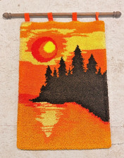 Vintage Sunset Forest Latch Hook Wall Hanging 39x26 Orange Fiber Art