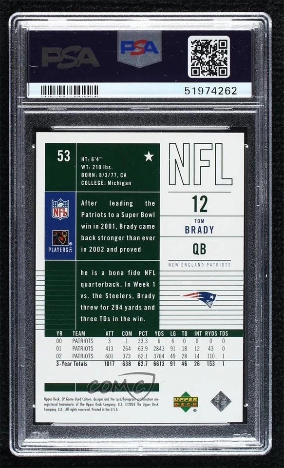 2003 SP Game Used Edition Tom Brady #53 PSA 9 MINT - Image 2 of 2