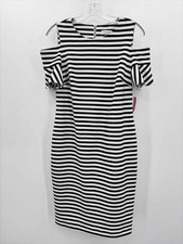 Pre-Owned Calvin Klein White Size 8 Stripe Midi Short Sleeve Dress