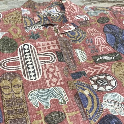 Vintage Reyn Spooner Reverse Print Aloha Shirt Tribal Rare Sz L Missing Button