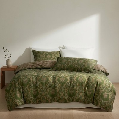 NEW Anthropologie Green Linen Reversible Queen / King Bedding Duvet & Sham Set