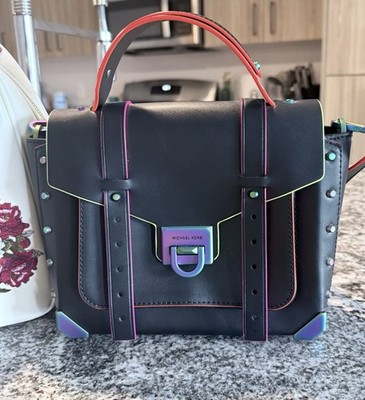 Michael Kors Black Satchel Top Handle Bag, Detachable Strap, Multicolor Hardware