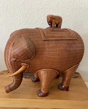 HTF Shanghai Collection Wicker Rattan Elephant & Baby MCM Handmade Basket Box