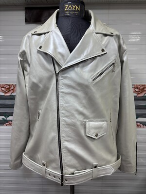 Men's Silver Color Leather Jacket 100% Genuine Lambskin Soft Leather Moto Jacket