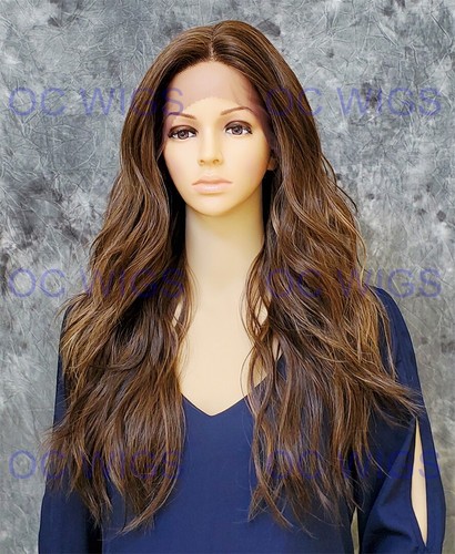 Long Loose Wavy Heat OK Human Hair Blend Lace Front Wig Light Brown/Blonde EVEX