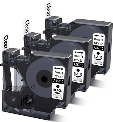 3PK Dymo D1 Label Tape 45010 Black on Clear 12mm for Dymo Label Manager 160 280