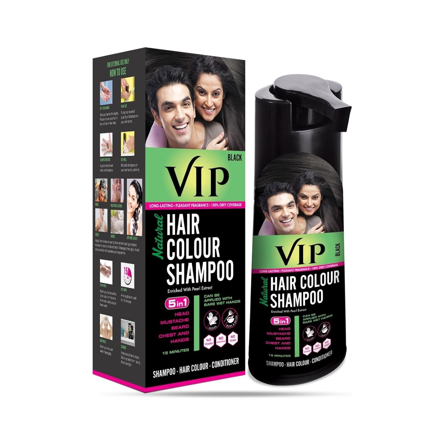 VIP HAIR COLOUR SHAMPOO 180ml Men & Women Quick & Easy Grey 