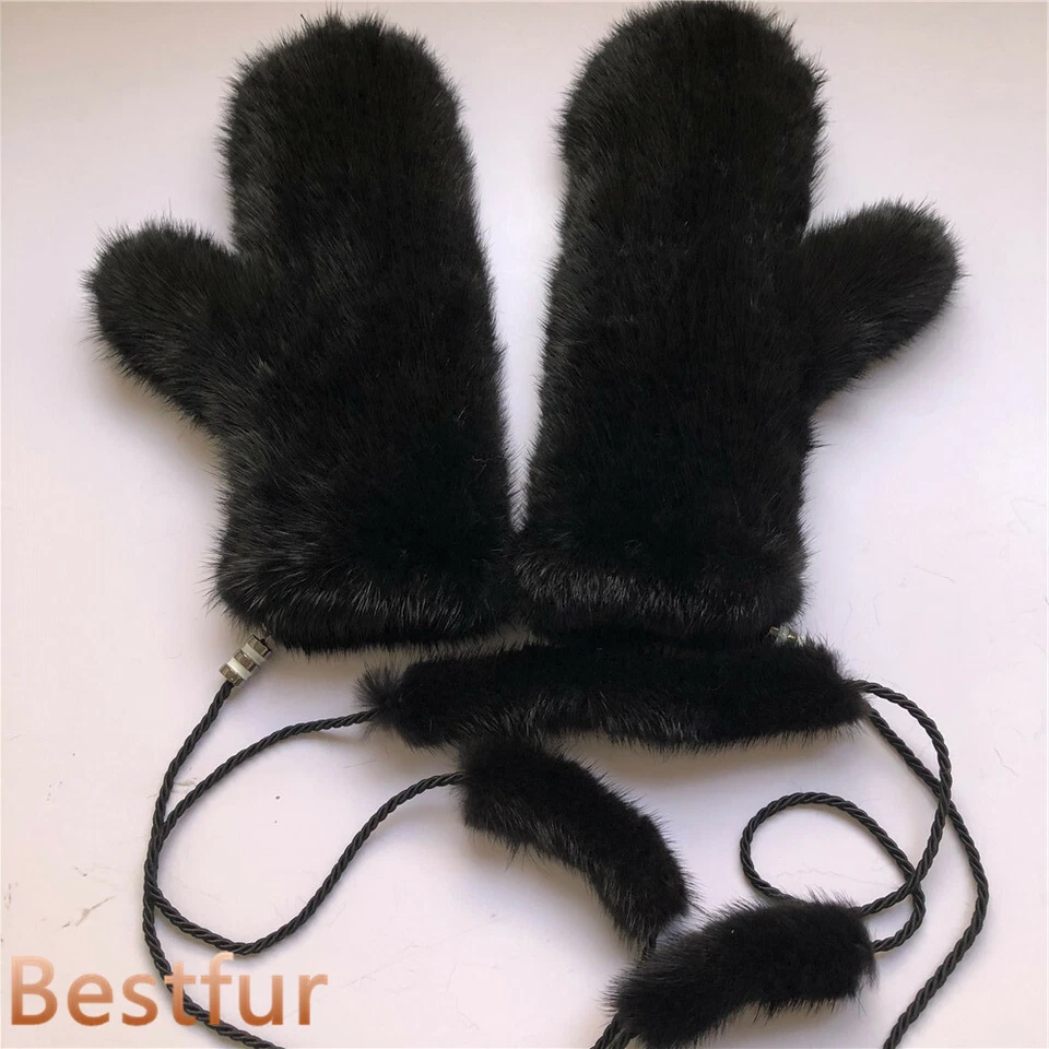 Women's Double Side Real Mink Fur Gloves Warm Knitted Elastic Mittens W String - Image 2 of 4