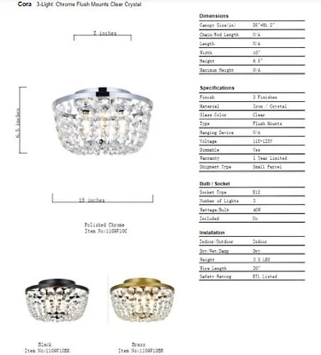 Flush Mount Crystal Chandelier Light Fixture Dining Room Bedroom Brass Color 10" - Picture 9 of 9