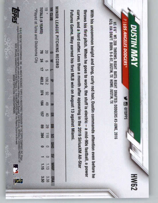 2020 Topps Walmart Holiday #HW62 Dustin May RC (ref 150395) - Image 2 of 2