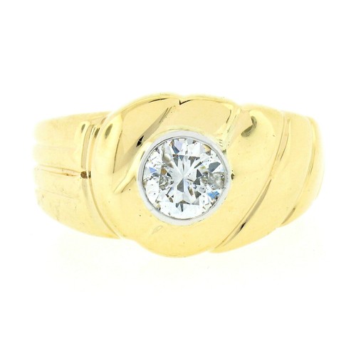 Men's 14k Gold Round Bezel Diamond Polished 0.95ctw Textured Solitaire Ring