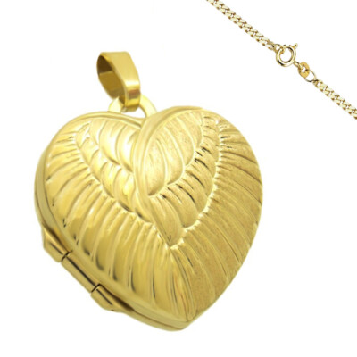 Medaillon Herz Engel Flügel Amulett Gold mittel 2 Bilder auch Gravur oder Kette