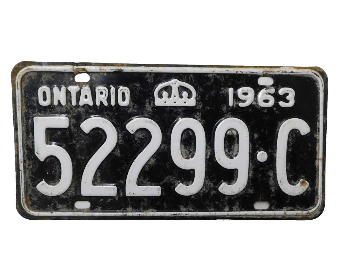 ONTARIO VINTAGE LICENSE PLATE 1963 CANADA BLACK WHITE CROWN SHOP