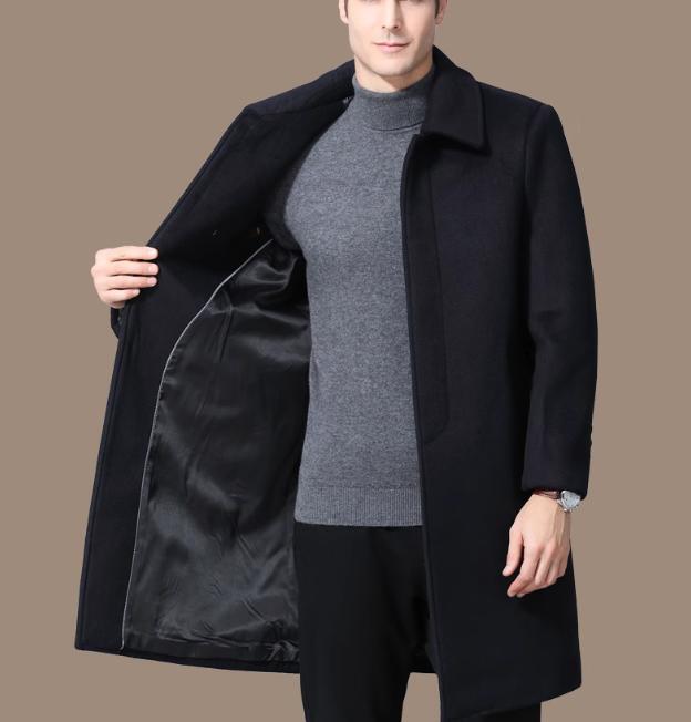 Winter Thickened Men Wool Mid Length Trench Coat Single-breasted