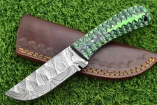 Damascus steel forged handle scale skinning knife with Leather sheath -4613