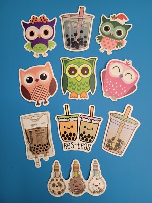 STICKERS x 10 Owl & Boba Milk Tea  Cartoon Cute Sticker JUL248