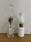 Lot of 2 Small Vintage Glass Oil Lamps - Milk Glass Hobnail - Lamplight Eagle