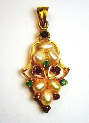 ST. SIL GOLD PLATED PENDANT, WITH PEARLS, RUBY & EMERALDS