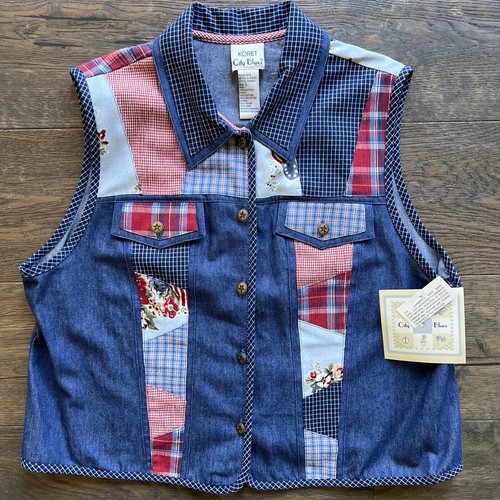 Denim Patchwork Vest ~Womens L~Red Blue 