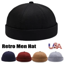 Retro Hat Skull Cap Beanie Cotton Rolled Cuff Brimless Men Adjustable Painter US