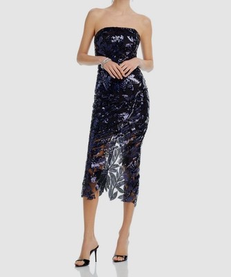 Milly Women's Blue Mesh Overlay Floral Sequins Strapless Kait Dress Size 4.