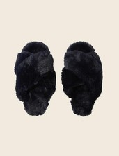 Papinelle Faux Fur Open Toe Crossover Slides color Deep Indigo Size M 7-9 NEW