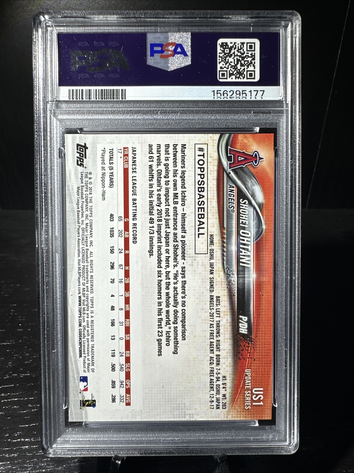 2018 Topps Update Series - Shohei Ohtani #US1 Pitching, Red Jersey Rookie PSA 8 view 2