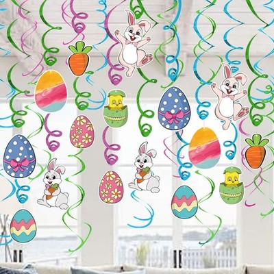 Easter Decorations Hanging Swirls 30 pcs, Cute Bunny Eggs Chick Carrot Party Dec