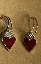 Womens 18k Gold Plated Hoop Red Enamel Heart Crystal Heart Dangle Earrings