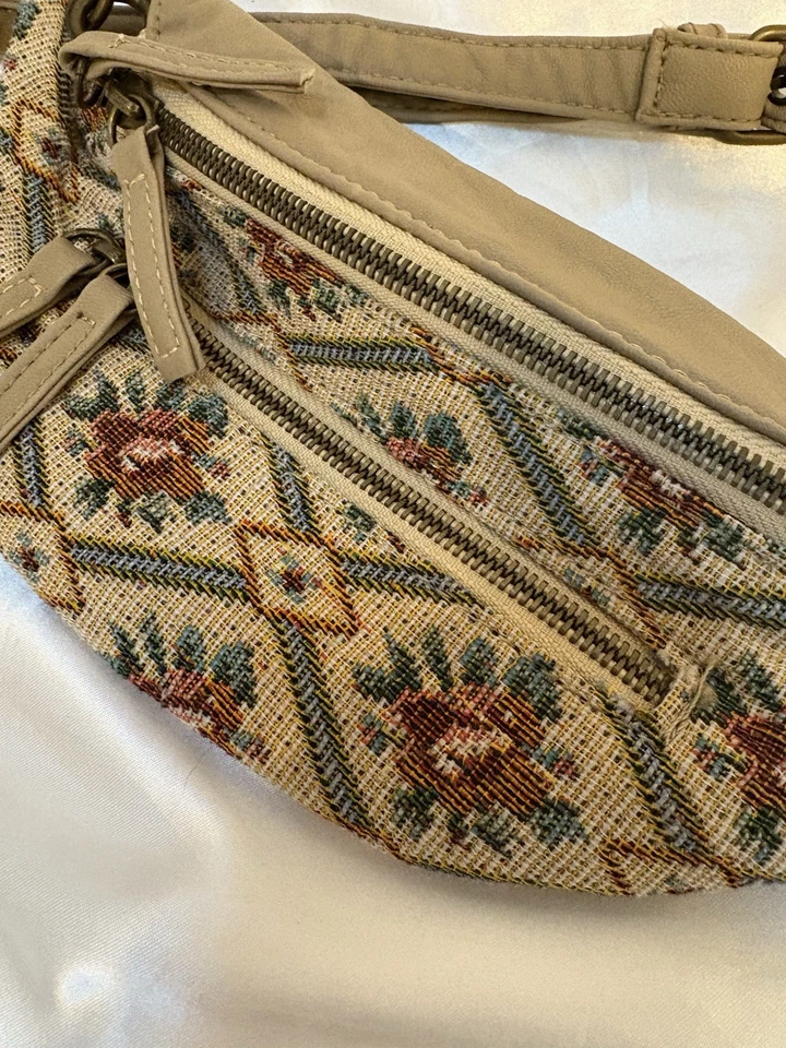 Винтажный кожаный дизайн ремня сумка Fanny Pack цветочный гобелен Дамская сумка бежевый - Изображение 2 из 4