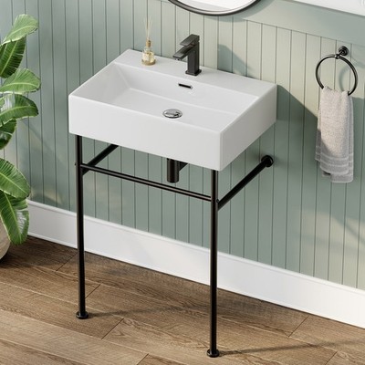 HOROW Console Sink 24'' Claire Rectangular Glossy White Basin Black Legs