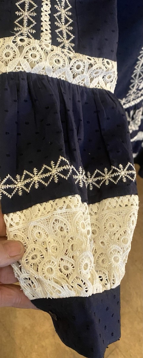 Tory Burch Gabriella Embroidered Floral Boho Dress Lace Navy Blue Size Med.  EXC