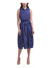 HARPER ROSE Womens Navy Belted Sleeveless Midi Wear To Work Shirt Dress 14