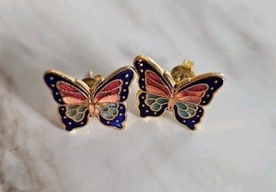 Vintage Gold Tone Stud Cloisonne Butterfly Earrings Blue Red Pink 