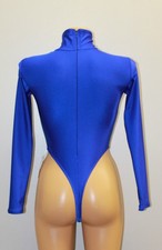 Women Thong Leotard 130-92 High Collar Zipper Back Royal Blue Spandex Size L