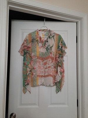 cupio tops Sheer Button Down Ruffle Cap Sleeve Bohemian Floral Size Large