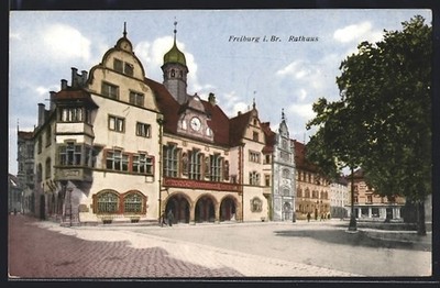 Postcard Freiburg i. Br., Town Hall with street section 