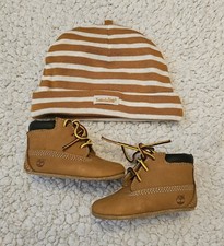 Timberland baby boots UK 0.5 crib booties set with hat newborn gift set tan