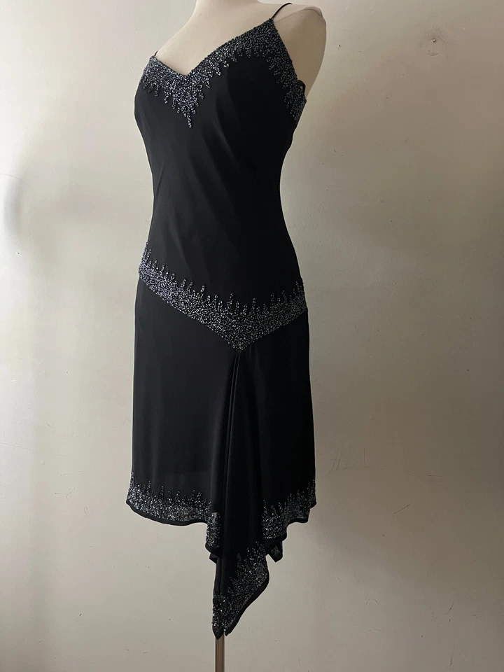 Jakara New York Black Beaded Fringe Fairy Dress Bias Cut Cocktail Sz 8P Vintage - Image 3 of 4