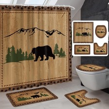 4 Pcs Bear Shower Curtain Set Rustic Cabin Bathroom Decor Farmhouse Waterproo...