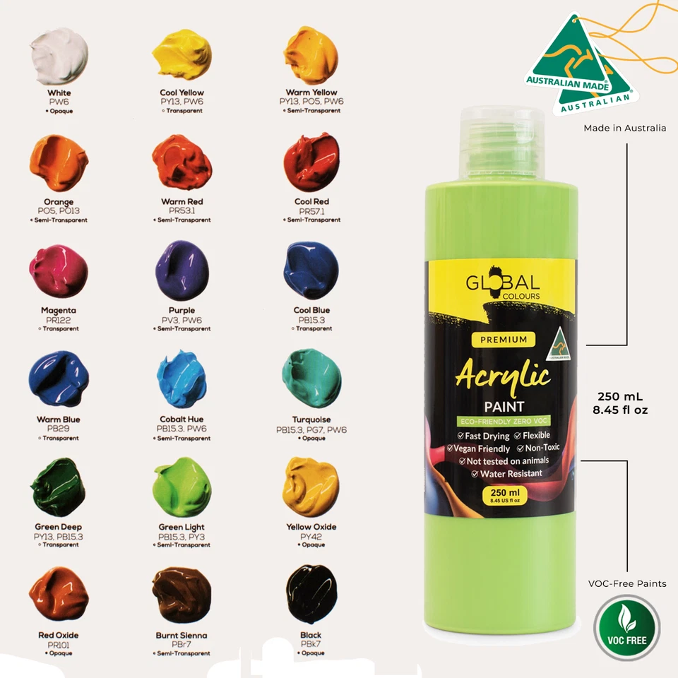 Juego de pintura acrílica Global Colours botellas de 18 x 250 ml no tóxicas hechas en Australia Foto 2 de 4