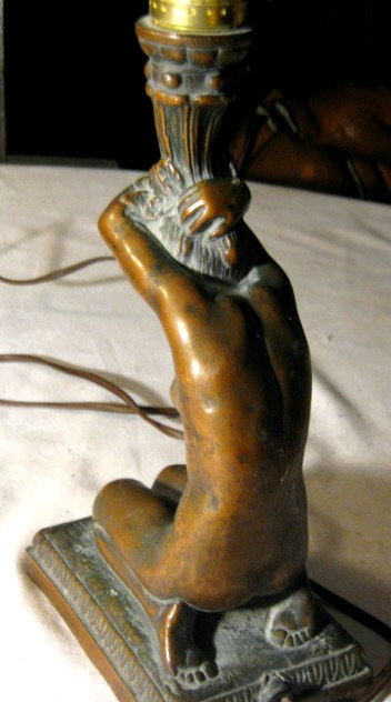ANTIQUE KBW BRONZE CLAD ART DECO NUDE LADY BUST TORCH STATUE SCONCE SHADE LAMP